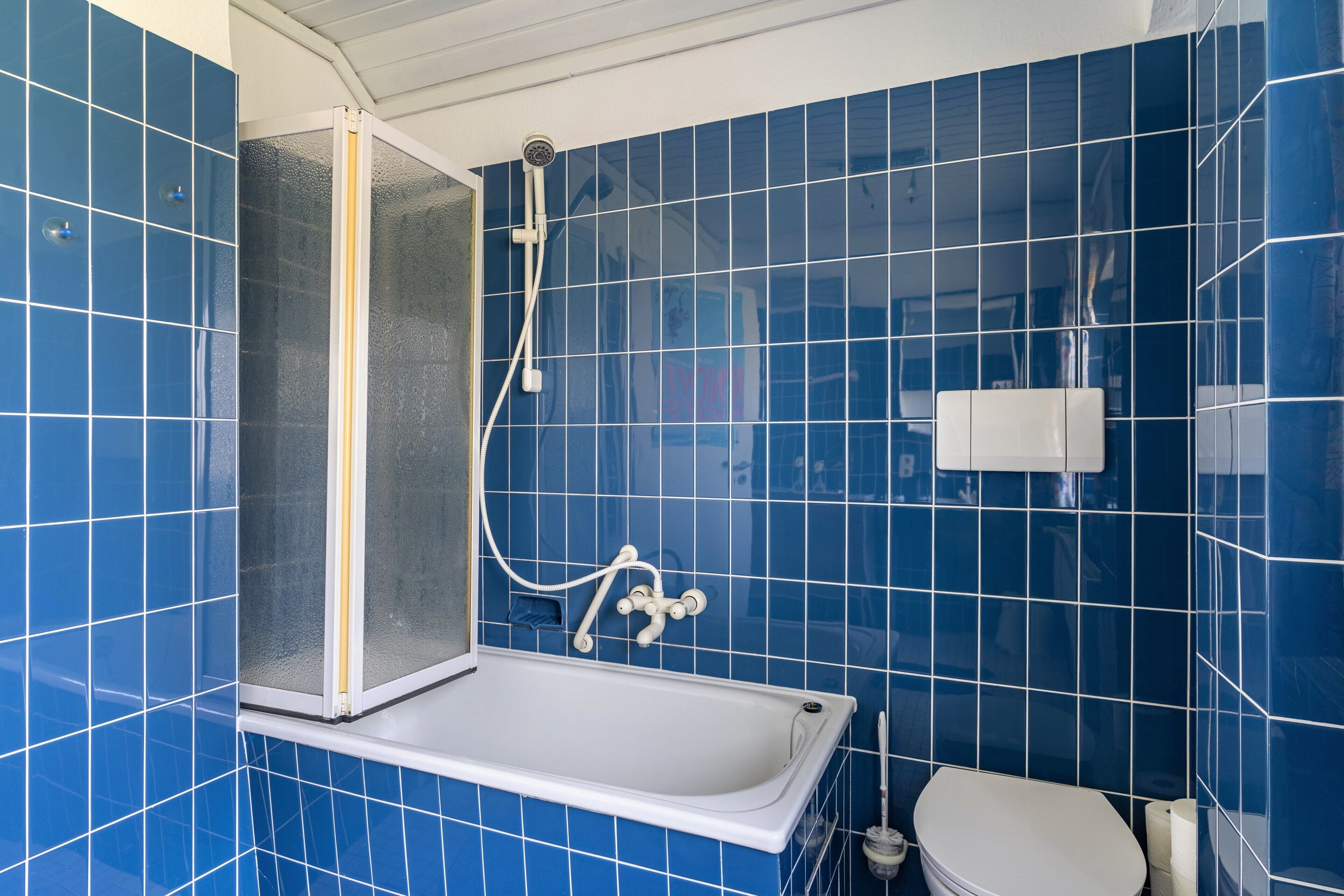 Een badkamer met een bad, douchecabine en toilet.