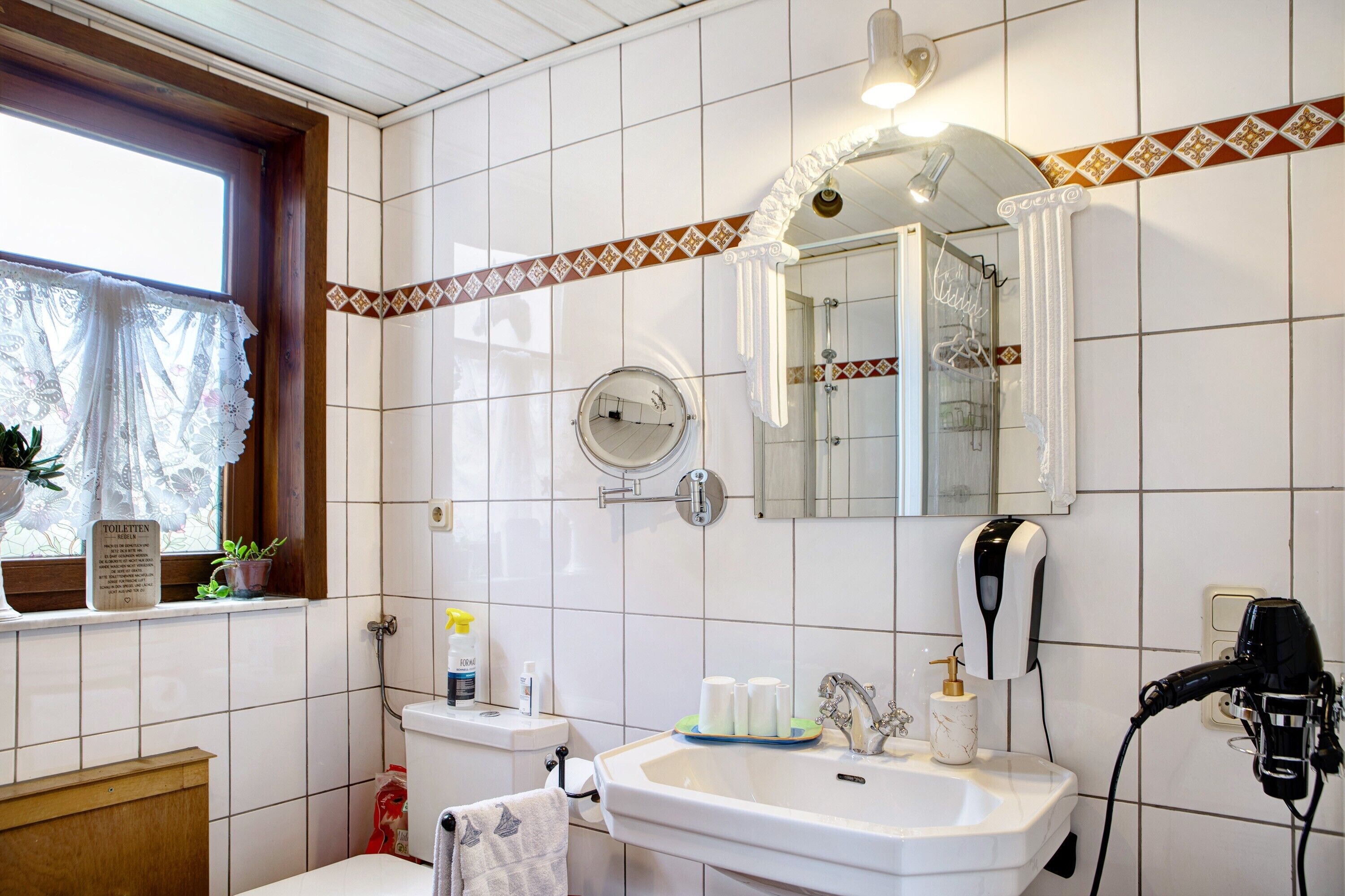 Shower, hair dryer, towels