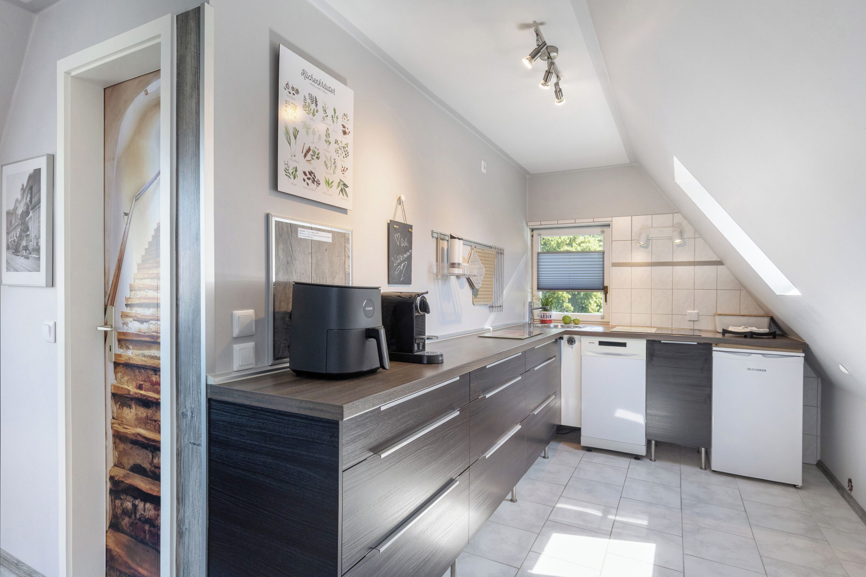 Fridge, stovetop, dishwasher, coffee/tea maker