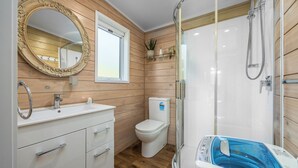 A bathroom with a wooden panel wall, a white sink with a mirror, a toilet, and a glass-enclosed shower area with a handheld showerhead.