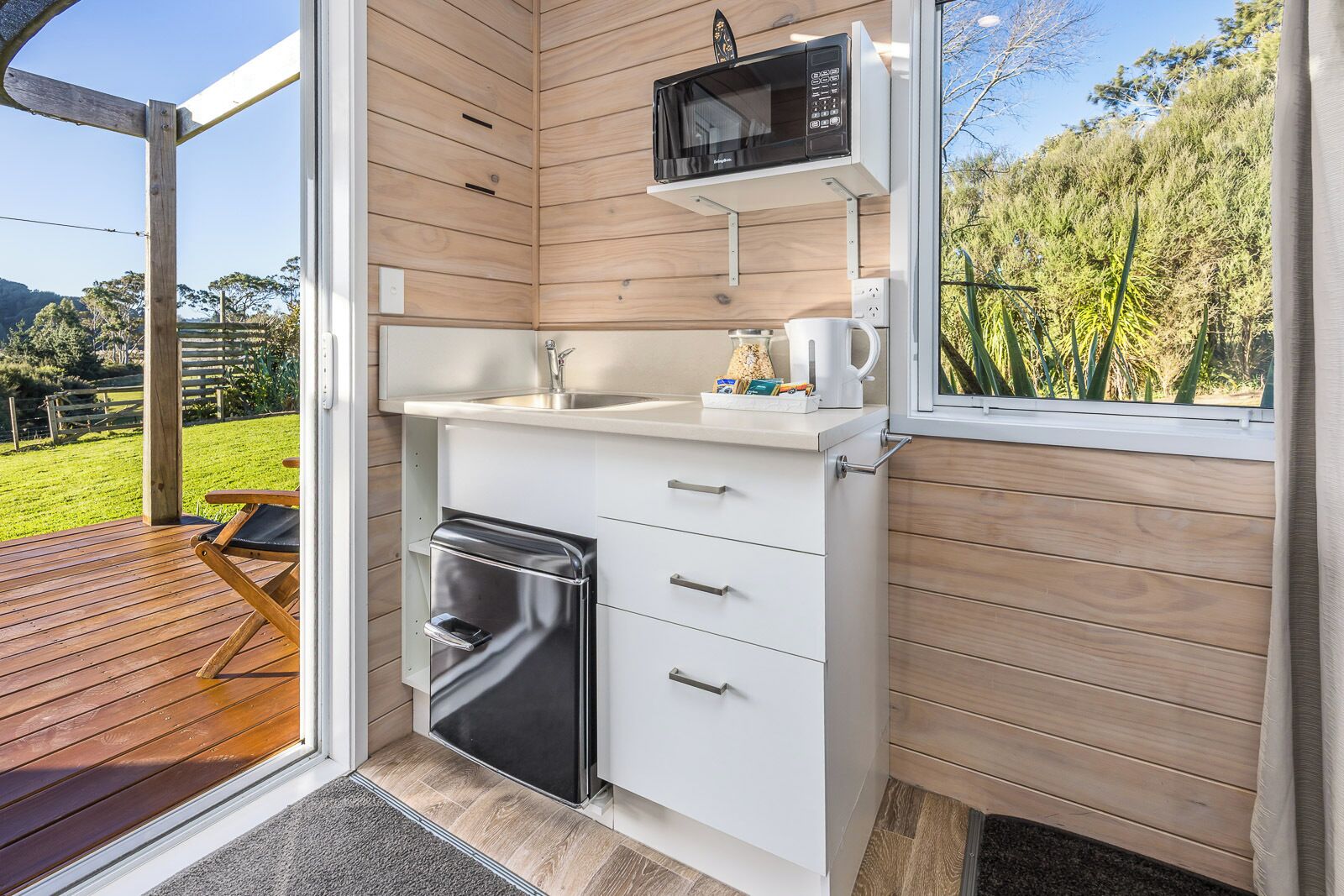 Fridge, microwave, electric kettle, toaster