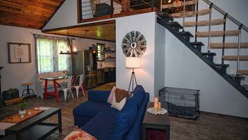 Smart TV, fireplace, books, music library