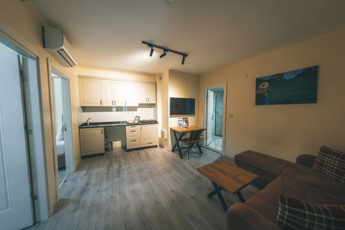 Un espacio habitable compacto con kitchenette, comedor y zona de estar.