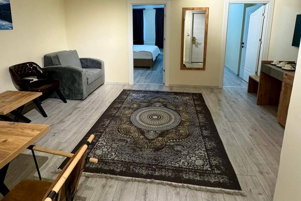 Amplia sala de estar con un sofá gris, una mesa de comedor de madera y un tapete estampado.