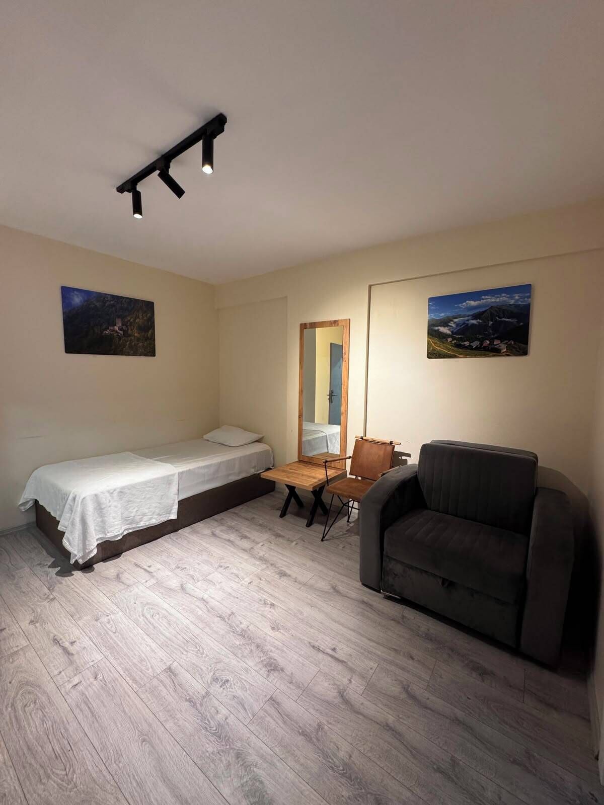 A room with a bed, a sofa, a chair, and a desk. There are two paintings on the walls.