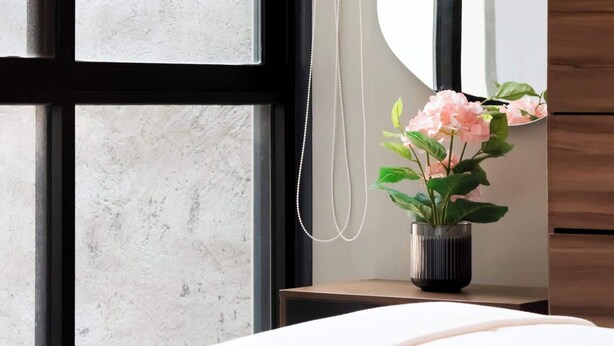 Une chambre avec une grande fenêtre, un miroir sur la table de chevet, une commode en bois et une plante en pot ornée de fleurs.