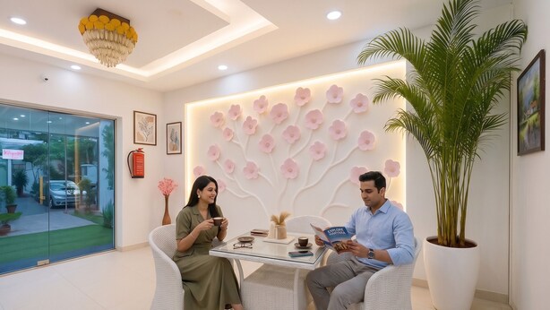 A modern interior with a glass door leading outside, a wall with a floral design, and a large potted plant. - FabHotel Frolic Luxury Stay (Noida)