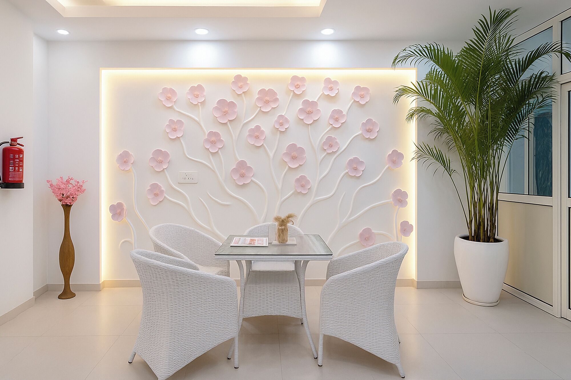A modern interior with a white wall featuring a floral design, a glass table with chairs, a potted plant, and a fire extinguisher.
