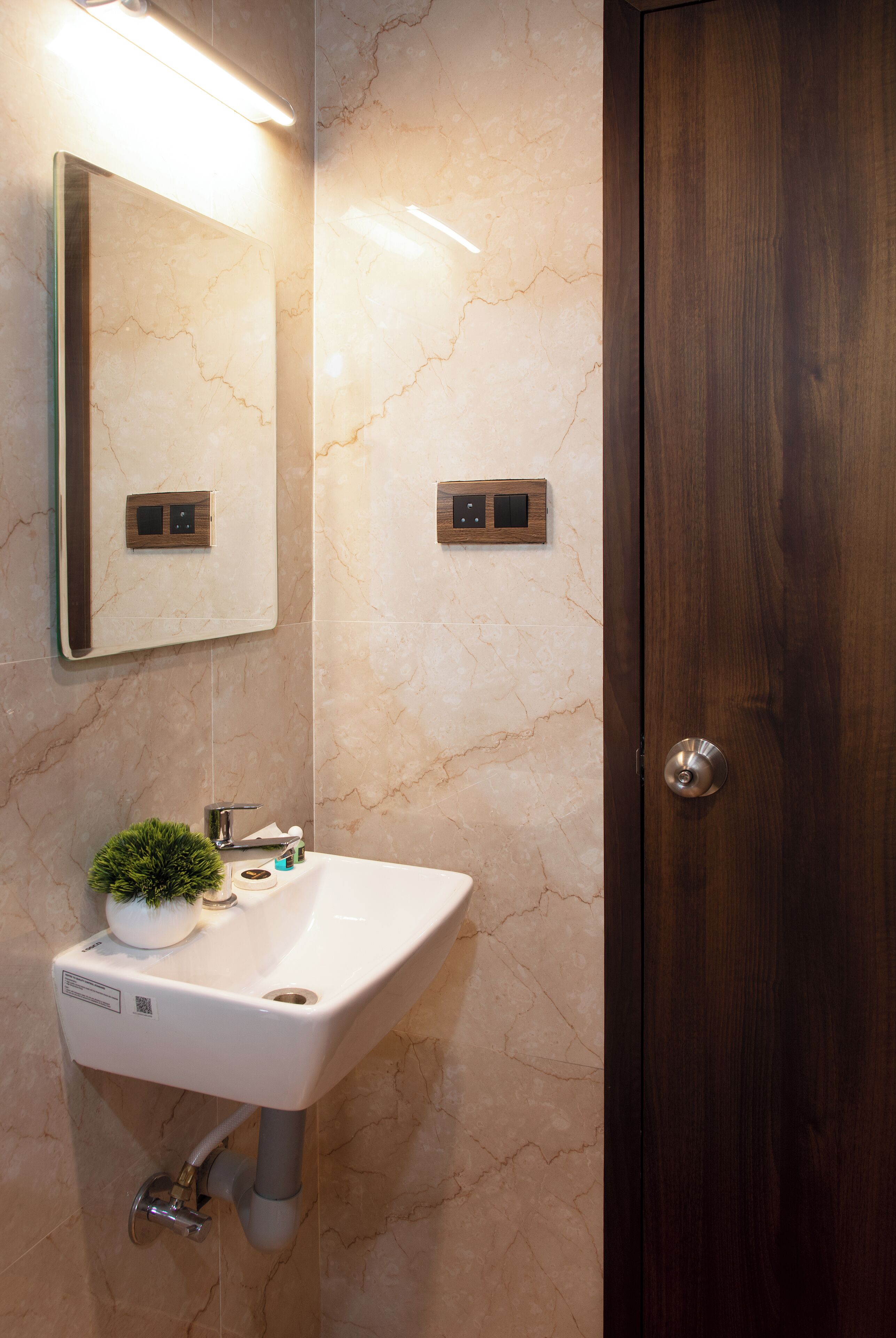 A bathroom with a marble wall, a white sink with a small plant, and a wooden door.
