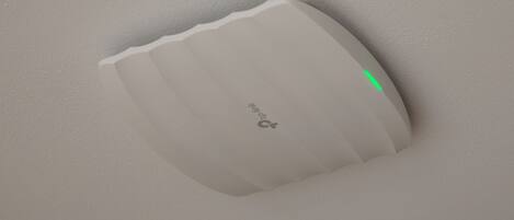 Un appareil rectangulaire blanc, fixé au mur, doté d’un indicateur lumineux vert.
