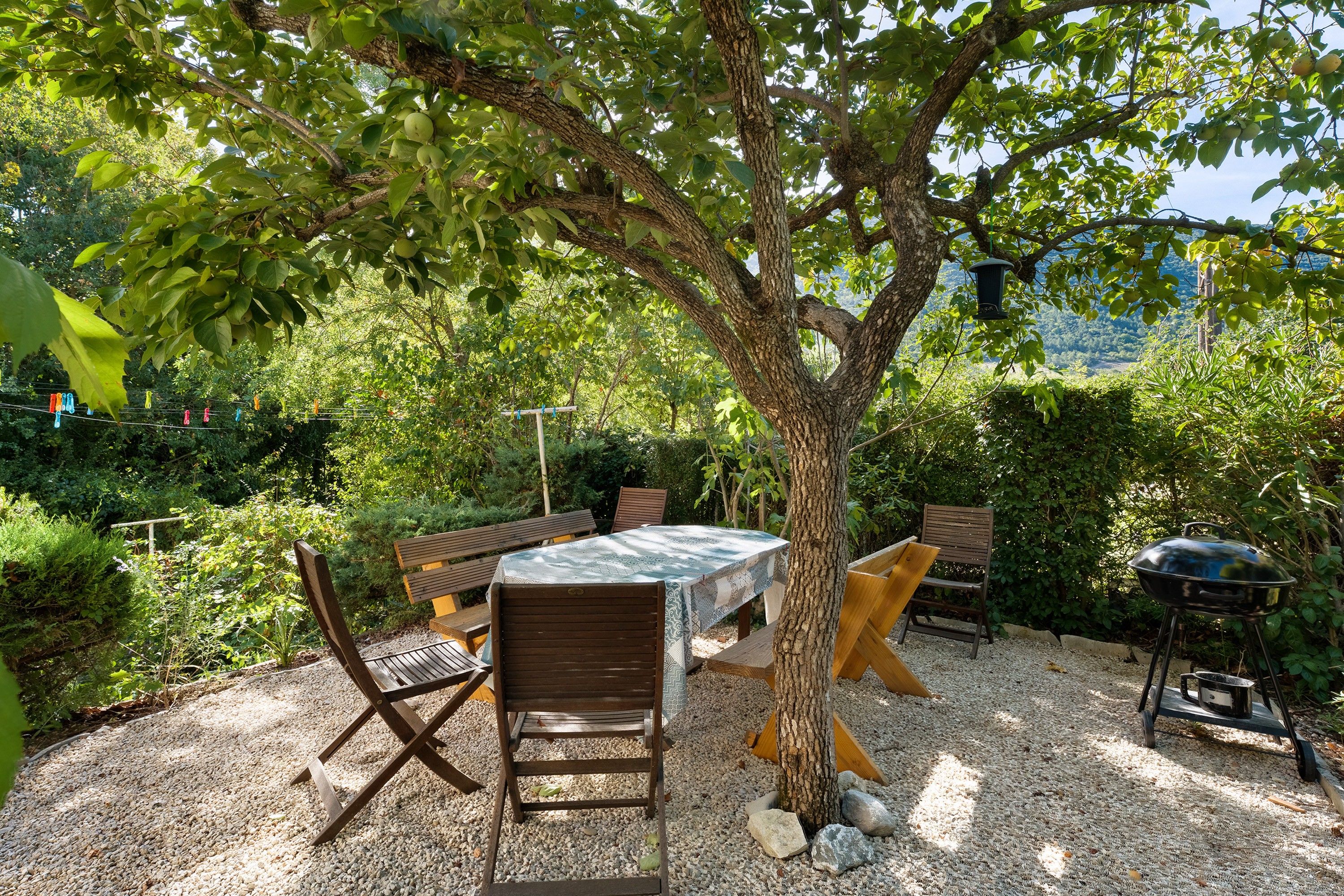 Ein Sitzbereich im Freien mit Tisch, Stühlen, einem Baum und einem Grill.