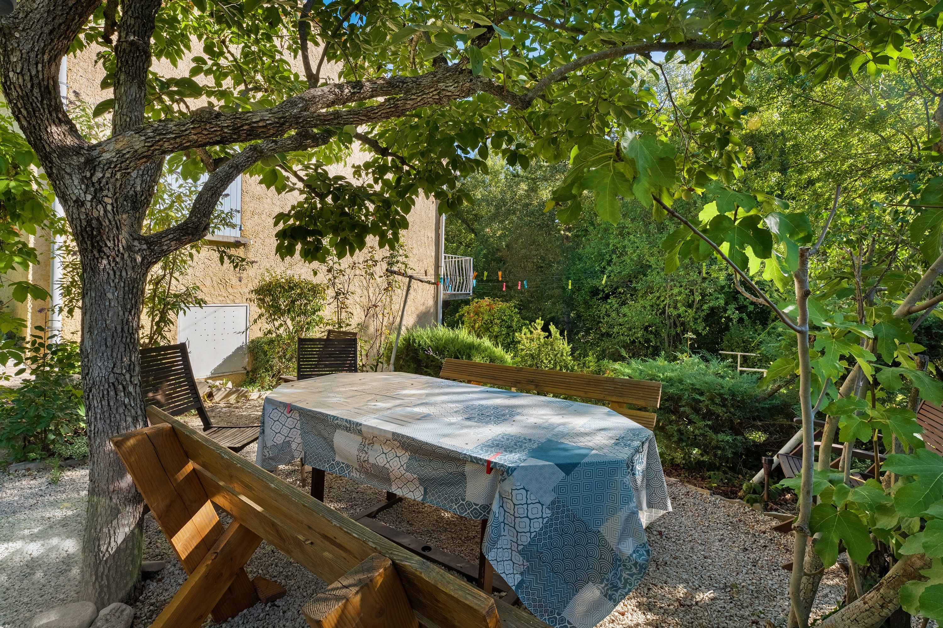 An outdoor dining area with a table covered in patterned tablecloth, surrounded by wooden benches and a tree.