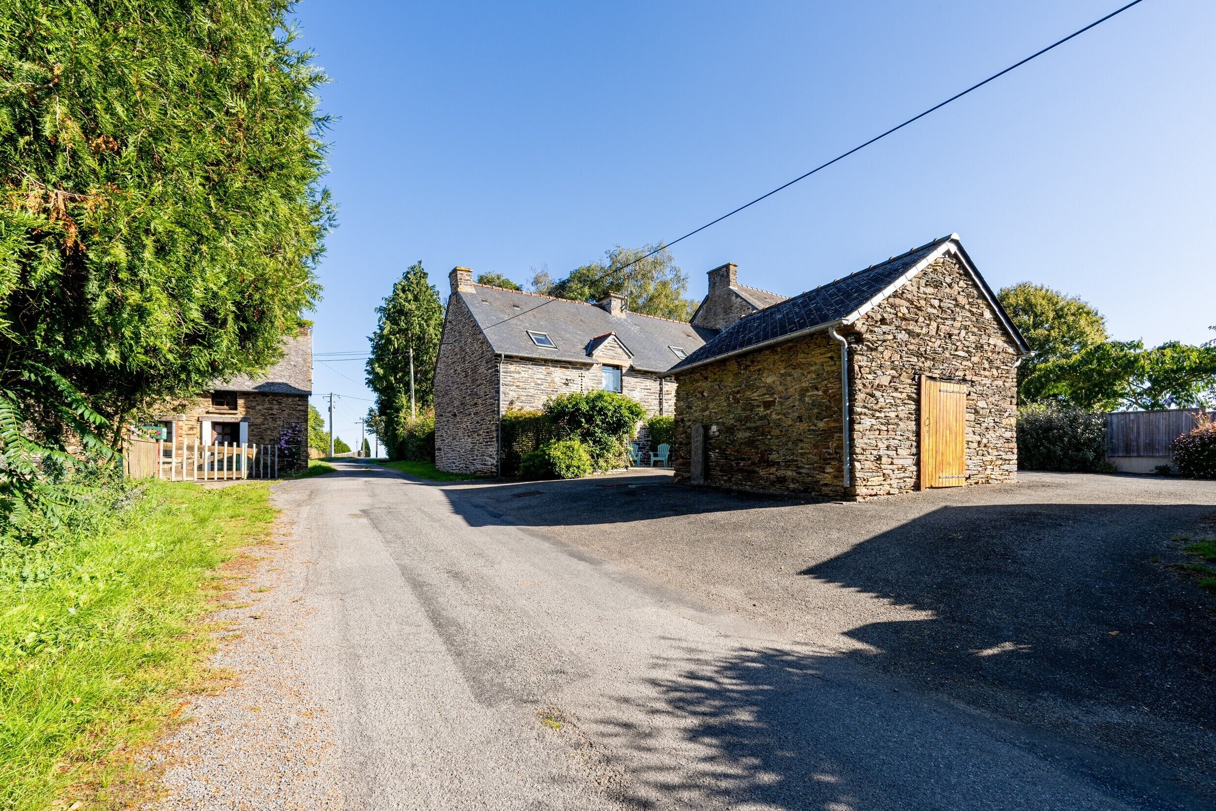 A rural road leading to a stone house with a wooden door, surrounded by greenery.