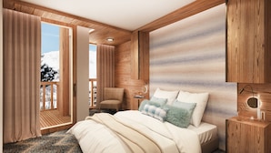 Une chambre à coucher avec une tête de lit en bois, un lit recouvert de linge de lit blanc, une chaise, une table de chevet avec une lampe, et une vue sur une montagne enneigée par la fenêtre.