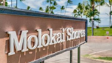 A sign for Molokai Shores with a clear view of the surrounding palm trees and a pathway.