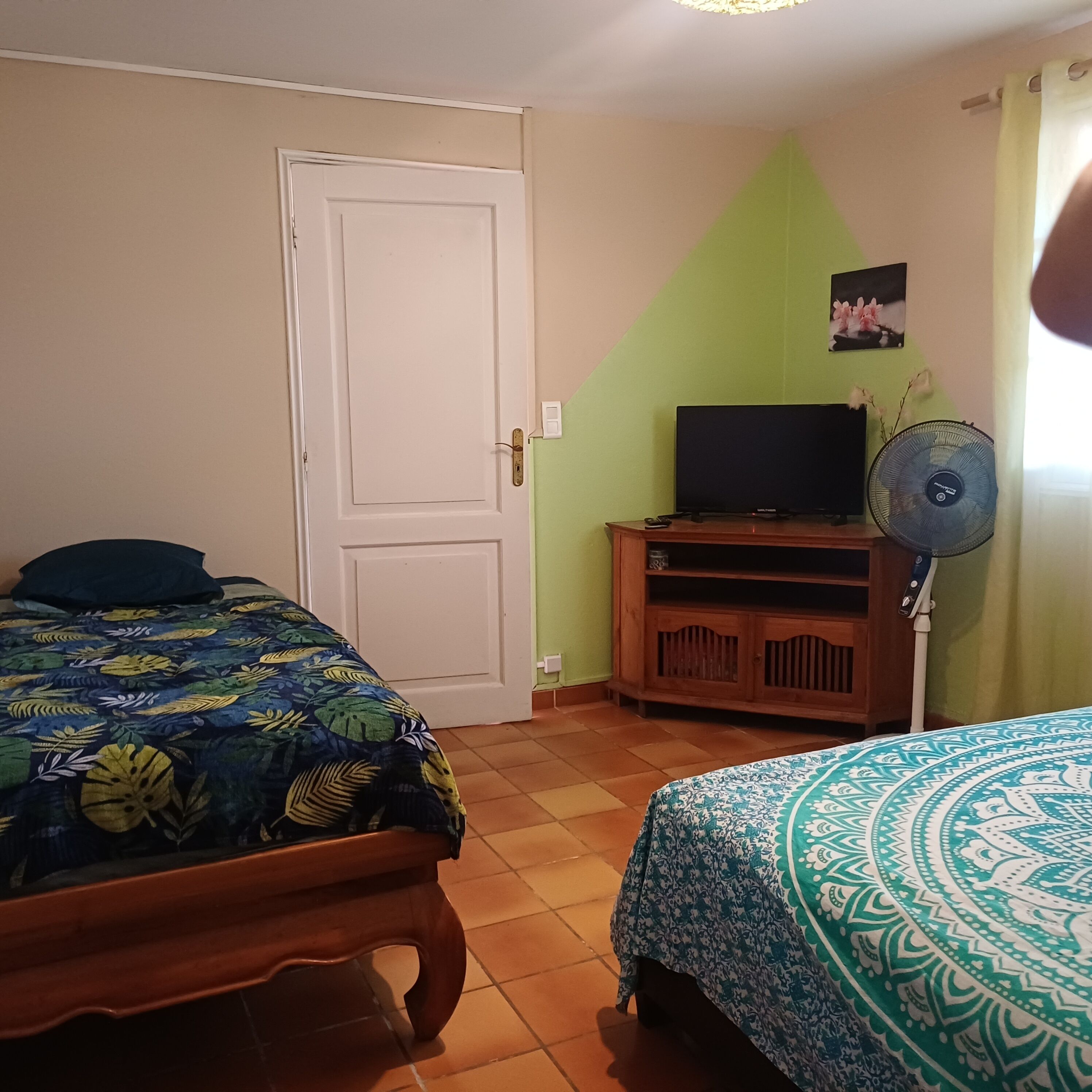 A bedroom with two beds, a TV, a fan, and a door.