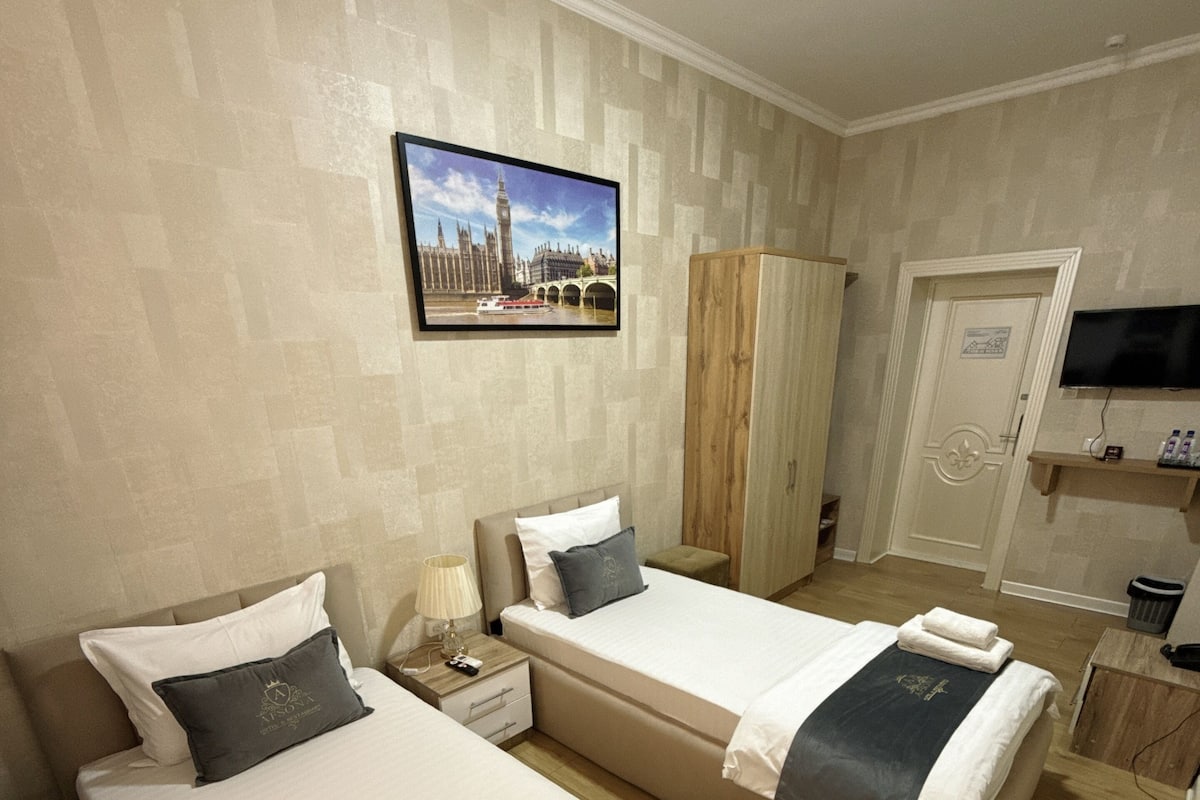 Habitación de hotel con dos camas, televisor, armario y un cuadro en la pared.