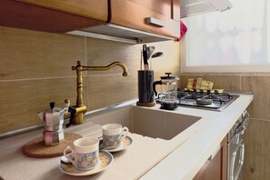 Fridge, microwave, oven, cookware/dishes/utensils