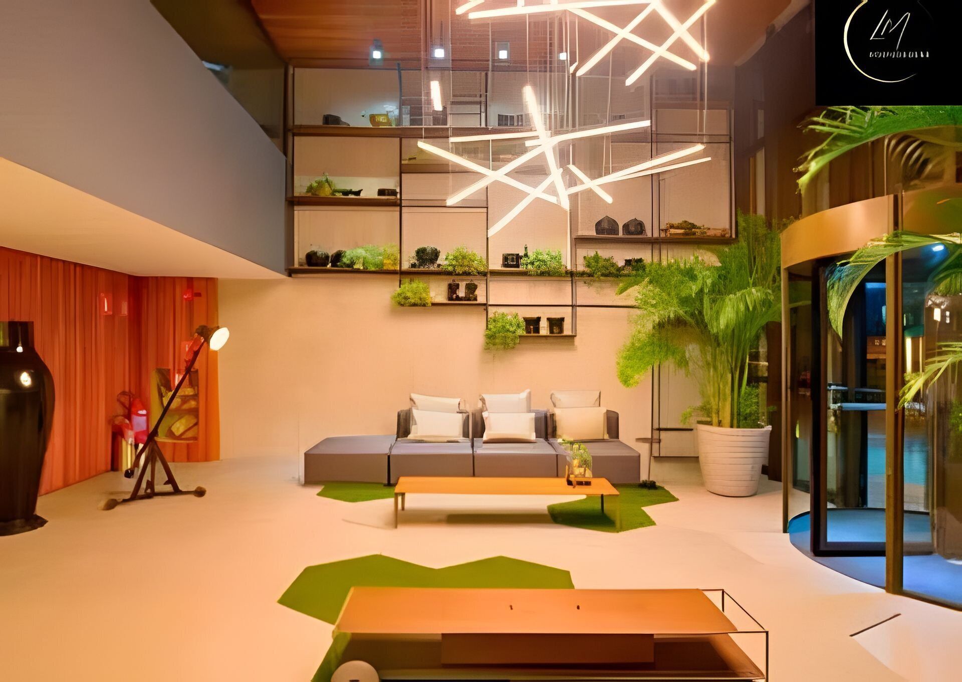 A modern interior with a sofa, coffee table, and a unique ceiling light fixture.