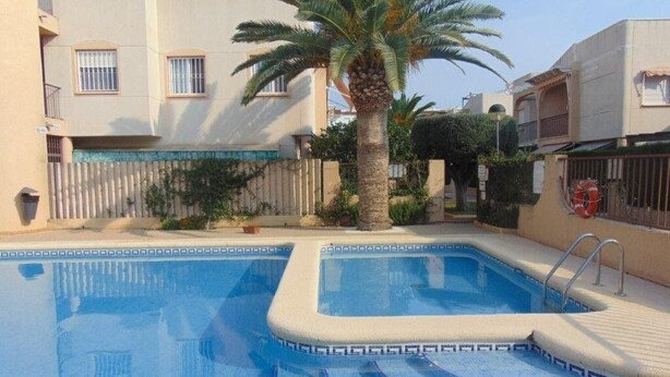 A swimming pool with a palm tree, surrounded by buildings with balconies and windows.