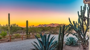 A desert landscape with cacti and a wooden fence. - La Puerta Azul- Stunning Desert Retreat; Pool/Spa (Tucson)
