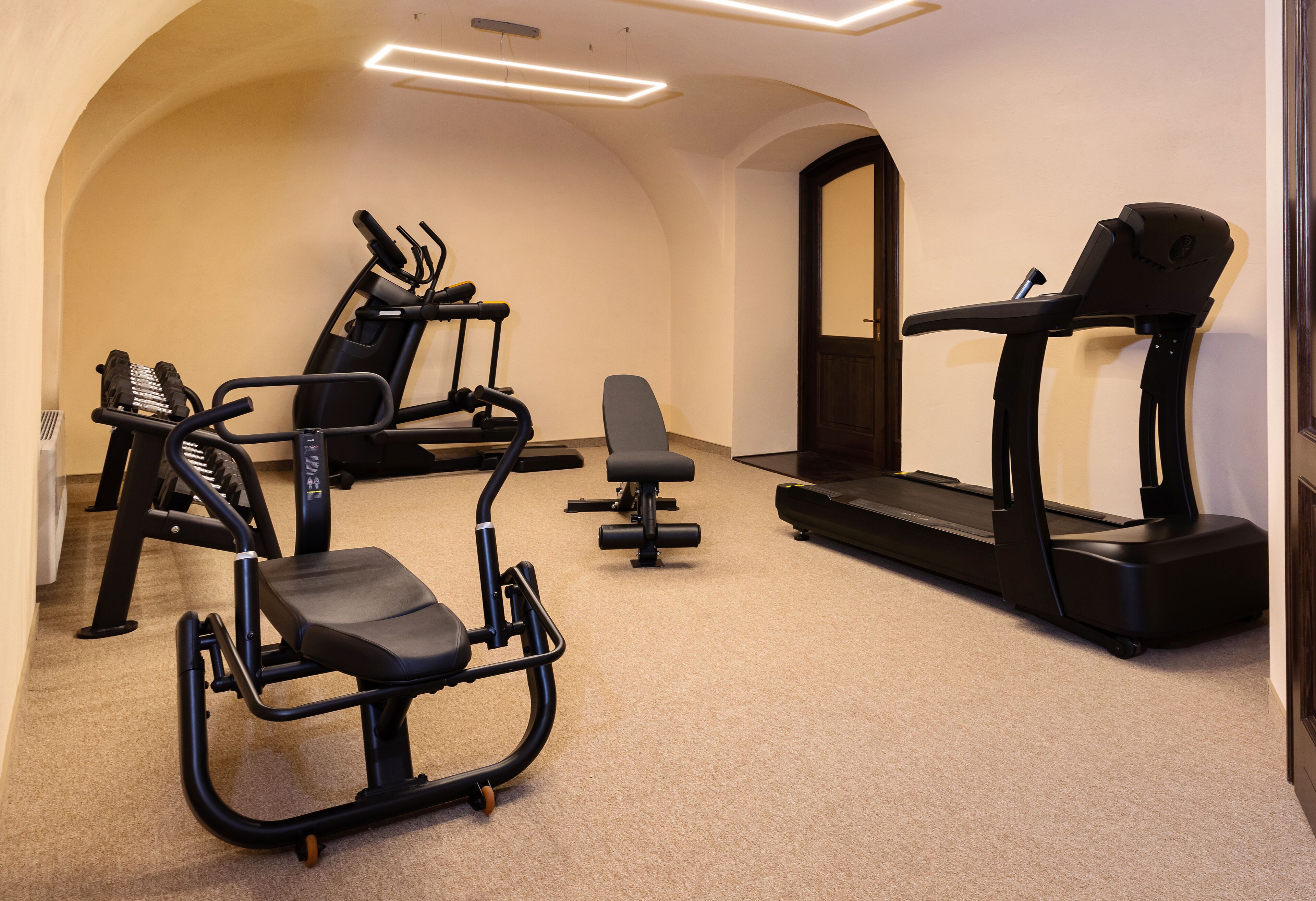 A fitness room with treadmills, a stationary bike, and a rowing machine.