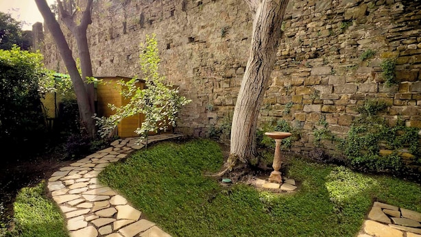 Un sendero de piedra que conduce a un rústico muro de piedra con un árbol en el centro.