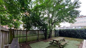 A backyard with a wooden fence, a picnic table, and a hedge. - Charming Three Bedroom 5 Double Bed Apt in London (London)