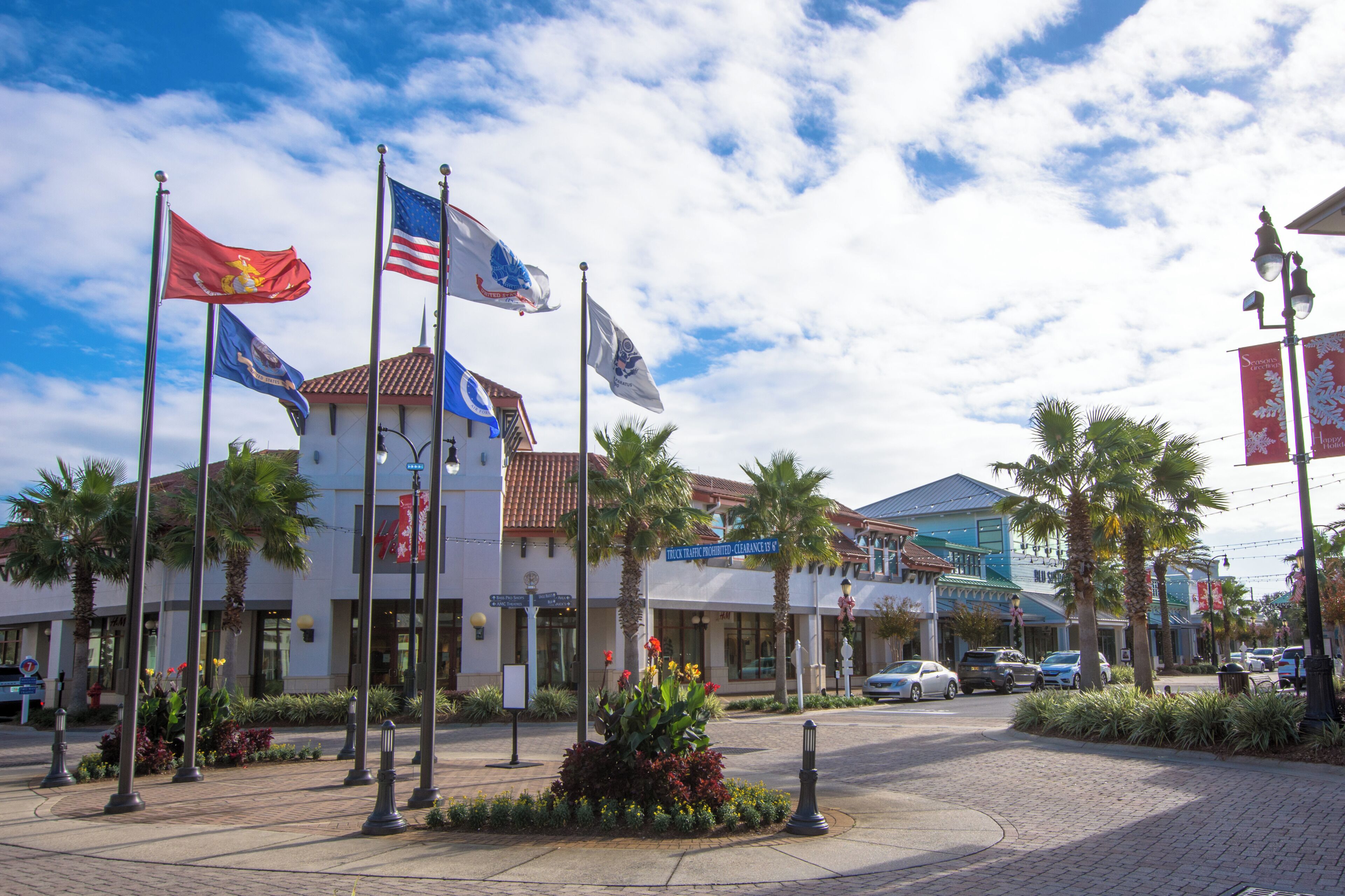 A commercial area with multiple flags, palm trees, and a paved street.