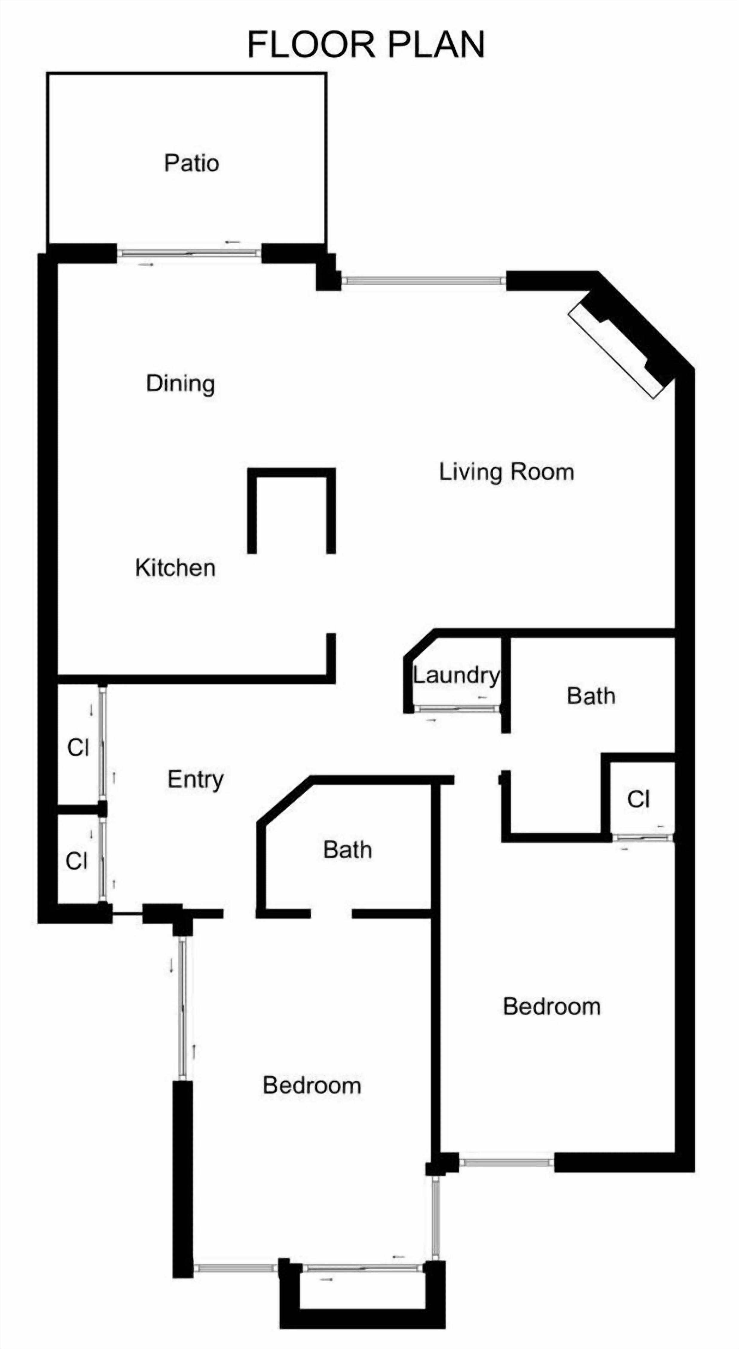 A floor plan with a patio, dining area, kitchen, living room, laundry, two bathrooms, entry, and two bedrooms.