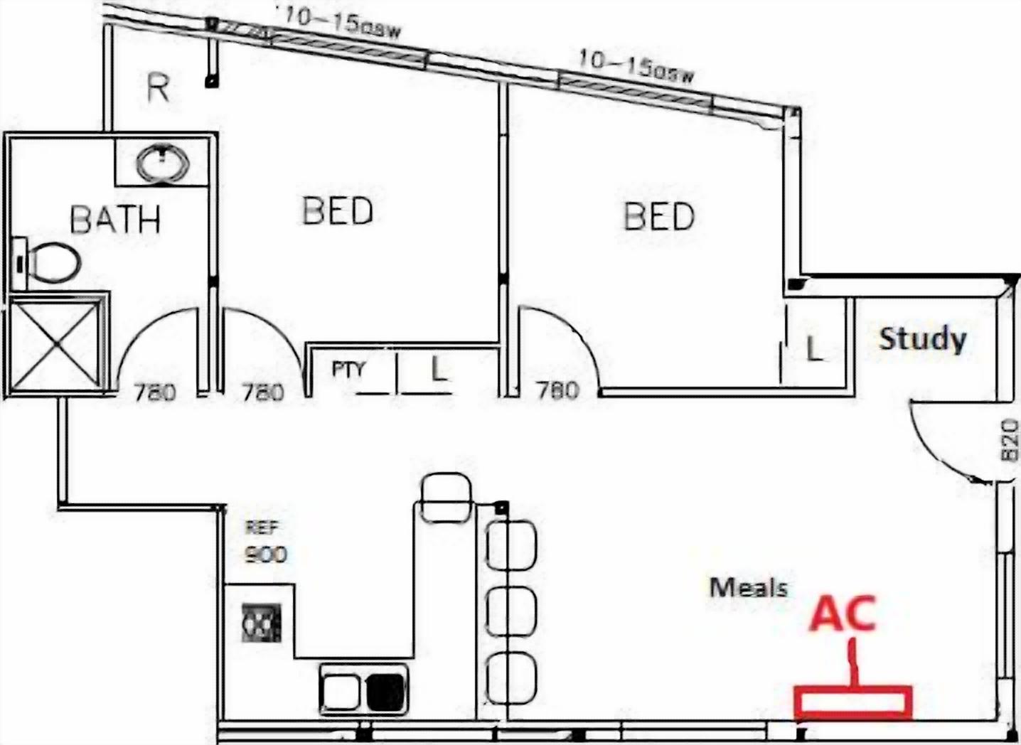 Een plattegrond met twee slaapkamers, een badkamer, een werkruimte en een eetgedeelte.