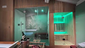 Sauna seca, banheira de hidromassagem, sauna a vapor