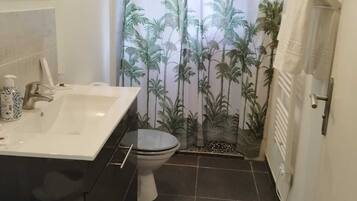 Douche, serviettes fournies, savon, shampoing