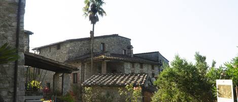 Un edificio de piedra con techo de tejas, una banca y plantas en macetas.