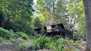 A rustic cabin with a stone chimney, surrounded by a lush garden with various plants and flowers. - At the End of the Road. Toccoa River Front (Fannin County)