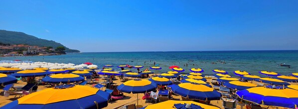 Ein Strand mit vielen Sonnenschirmen und Liegestühlen, einem klaren Himmel und dem Meer.