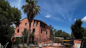 A swimming pool with a tiled deck, surrounded by lounge chairs and a palm tree. - Mas Tapet, Masia Ideal per Família, Amics o Grups (Vilanova i la Geltrú)