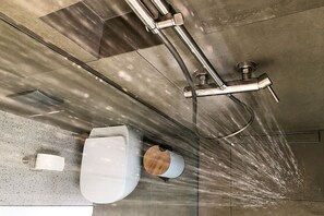 Douche, sèche-cheveux, serviettes fournies, savon