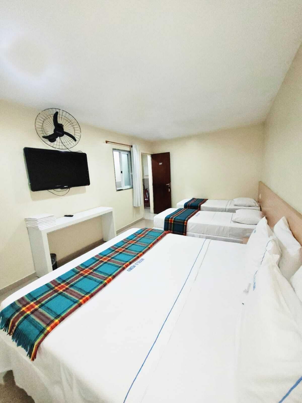 Een hotelkamer met een bed, een bureau, een televisie en een deur.