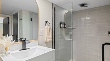 Hair dryer, towels, soap, shampoo