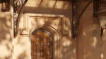 A building entrance with a large wooden door, a stone archway, and a metal awning.