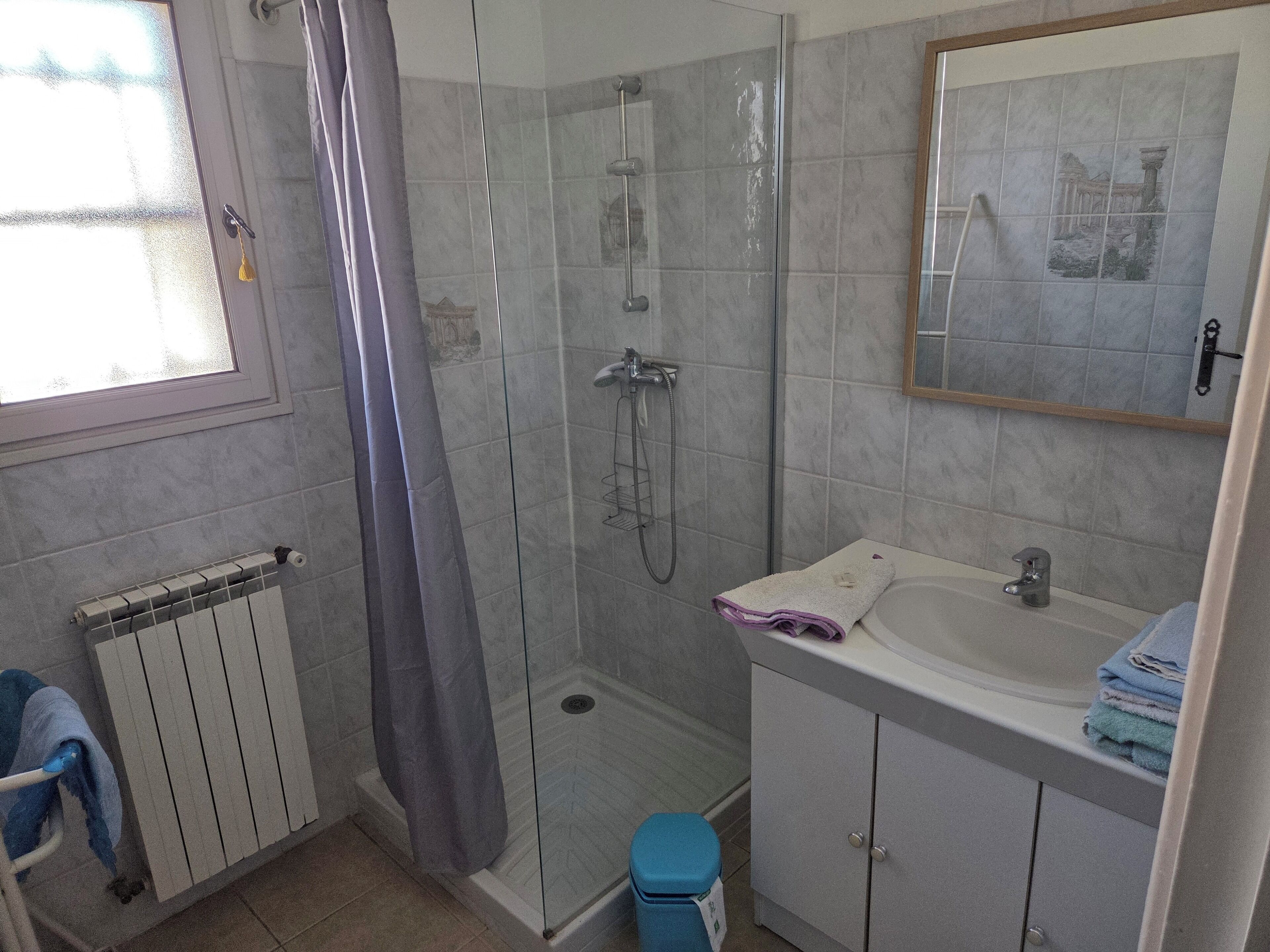 A bathroom with a shower, a sink, and a toilet.