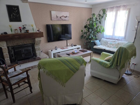 A living room with a fireplace, a television, a sofa, and a large plant.