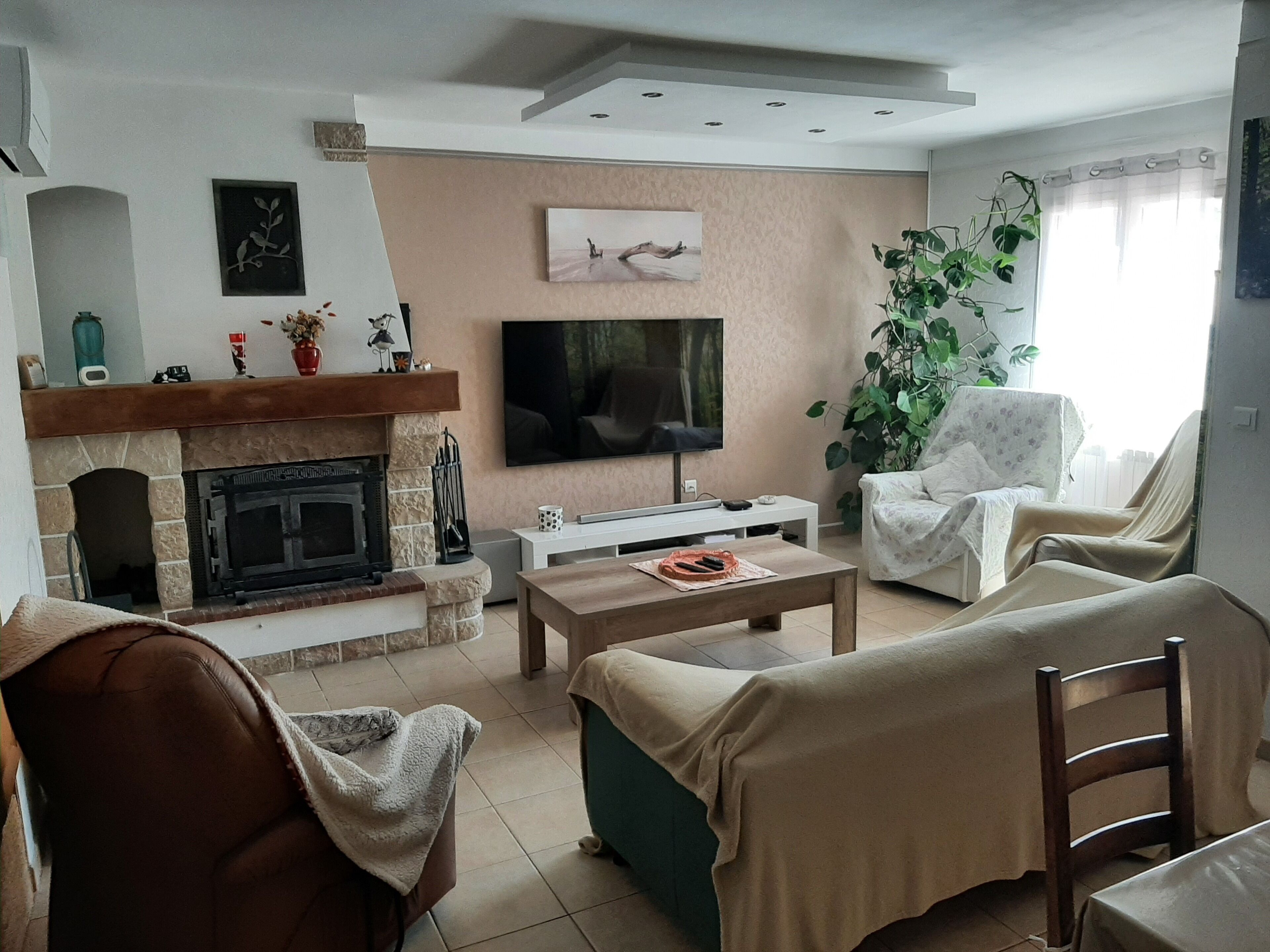 Smart-tv, een open haard, een dvd-speler en boeken