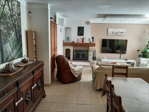 Smart TV, fireplace, DVD player, books