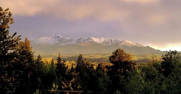 Surrounded by dense forest and snow-capped peaks, this serene landscape offers breathtaking views.