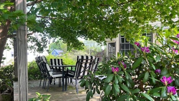 A wooden deck with a table and chairs, surrounded by lush greenery and flowering plants. - 1878 Victorian Charmer (Endicott)