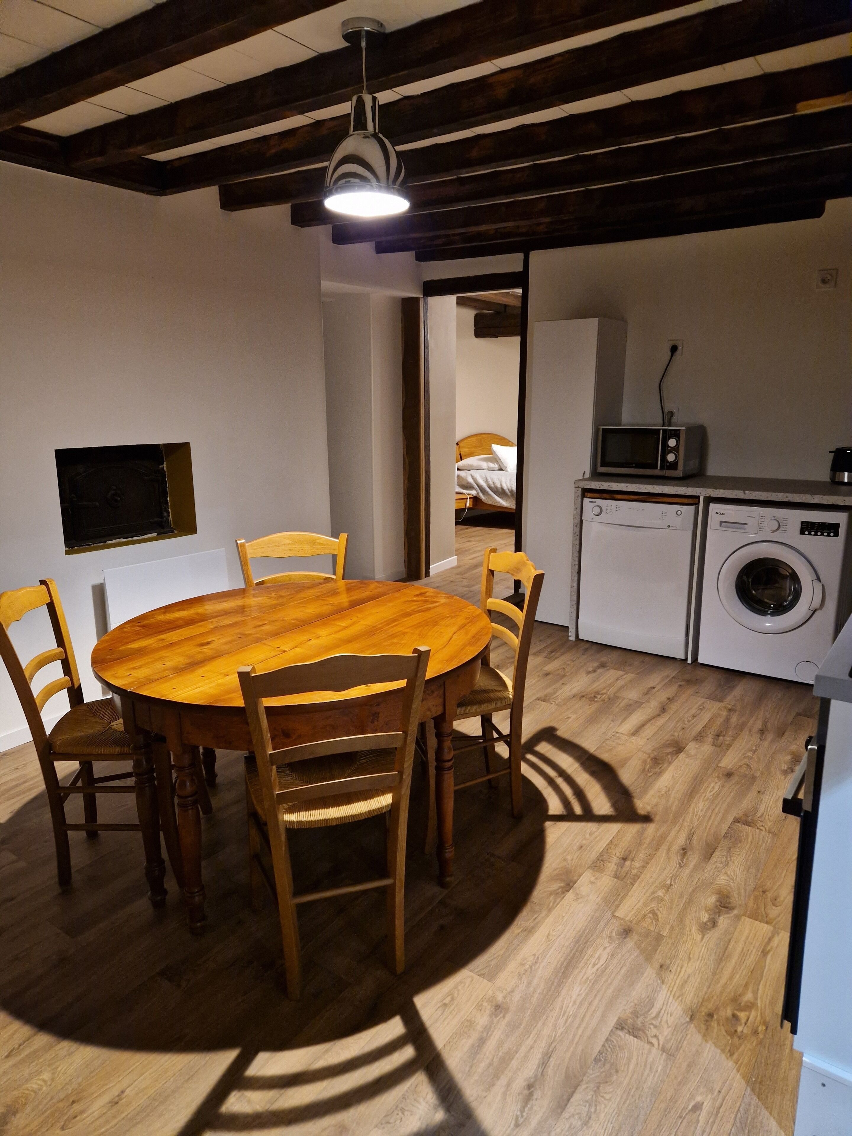 A compact living space with a wooden dining table and chairs, a washing machine, a microwave, and a small kitchenette.