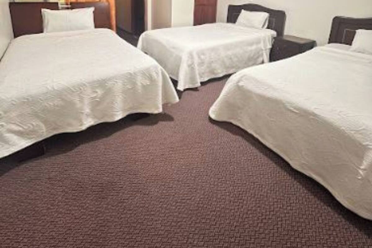 A hotel room with three single beds, a wooden headboard, a brown carpet, and a window with curtains.