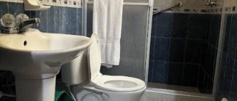 A bathroom with a sink, toilet, and shower.